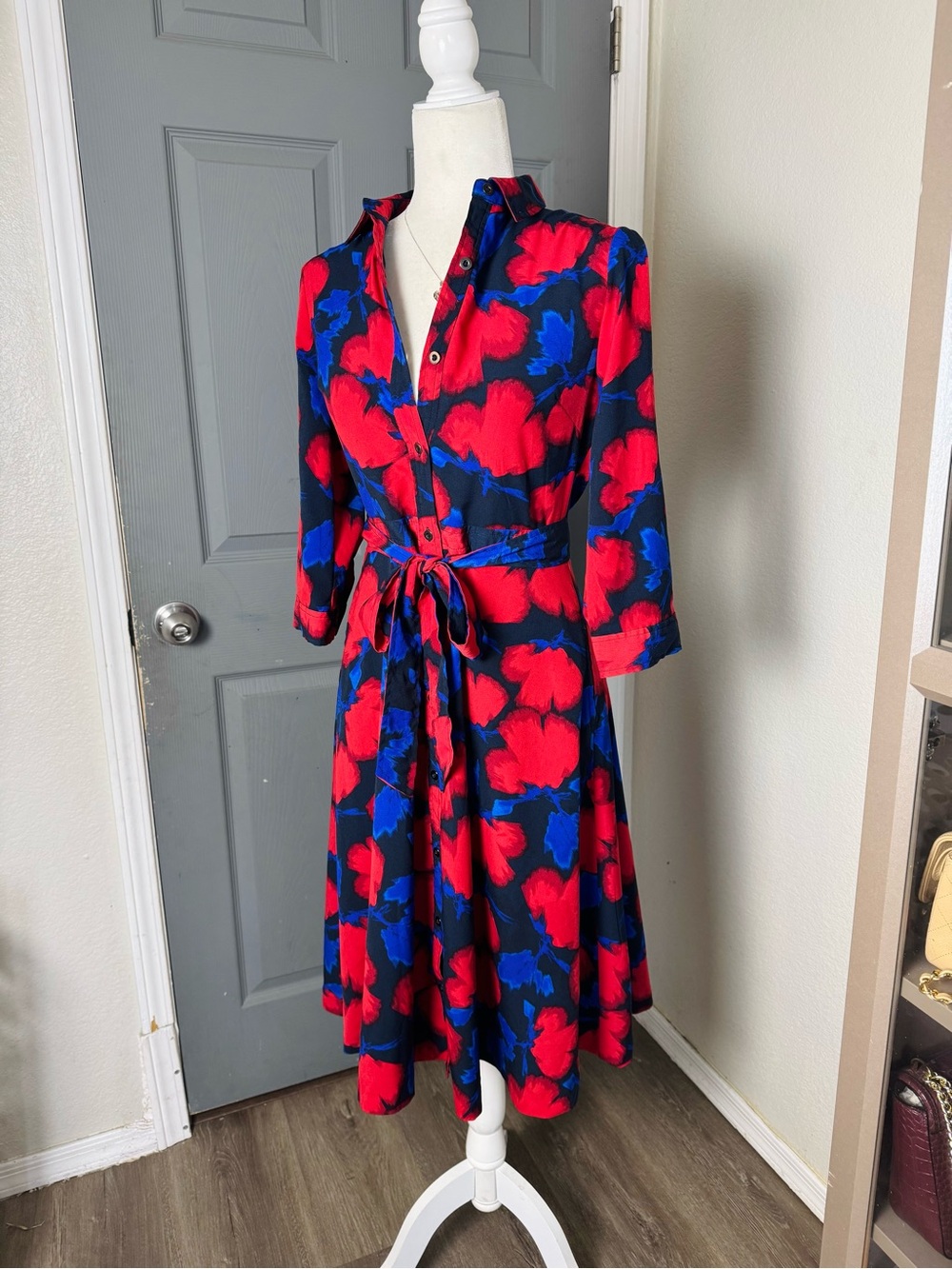 Banana Republic Vibrant Floral Belted Shirt Dress - Red & Royal Blue Midi 2P